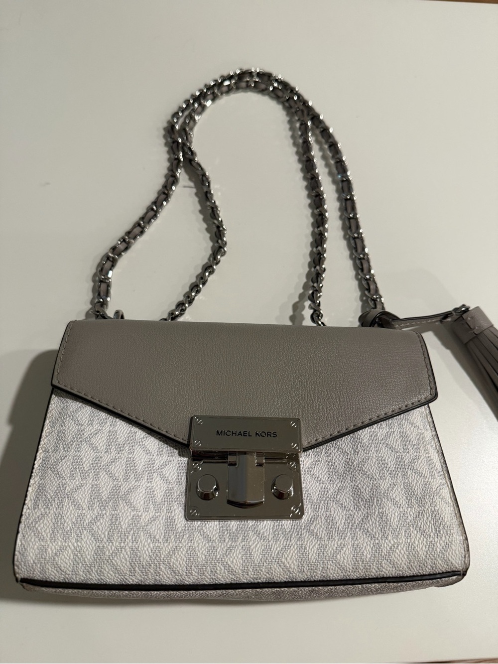 Michael Kors Gray and White Logo Chain Convertible Shoulder Bag / Crossbody